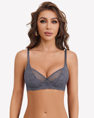 Grey unlined mesh full coverage bra with lace underwire cups