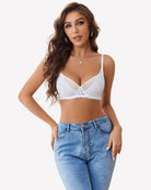 White unlined mesh full coverage bra with lace cups and scalloped edge