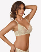 Beige full coverage lace bra with unlined mesh cups and thin adjustable straps