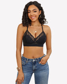 Black lace racerback wireless bralette with scalloped V-neck and sheer cups