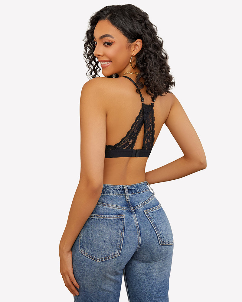 Black lace racerback wireless bralette with open back and cutout lace panel