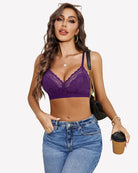 Purple lace racerback wireless bralette with scalloped V-neck and sheer cups