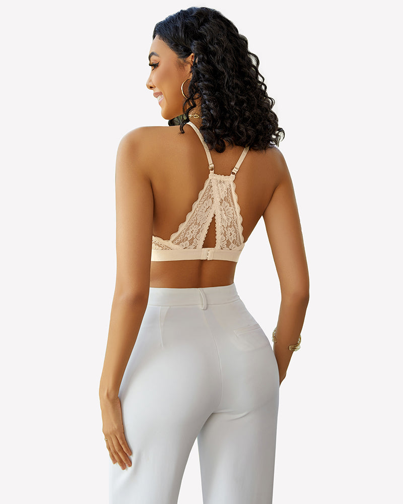 White lace racerback wireless bralette with open back and cutout lace detail