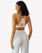 White lace racerback wireless bralette with open back and cutout lace detail