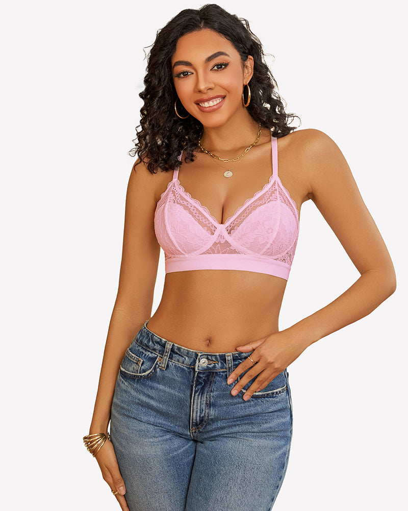 Pink lace racerback wireless bralette with scalloped V-neck and sheer cups