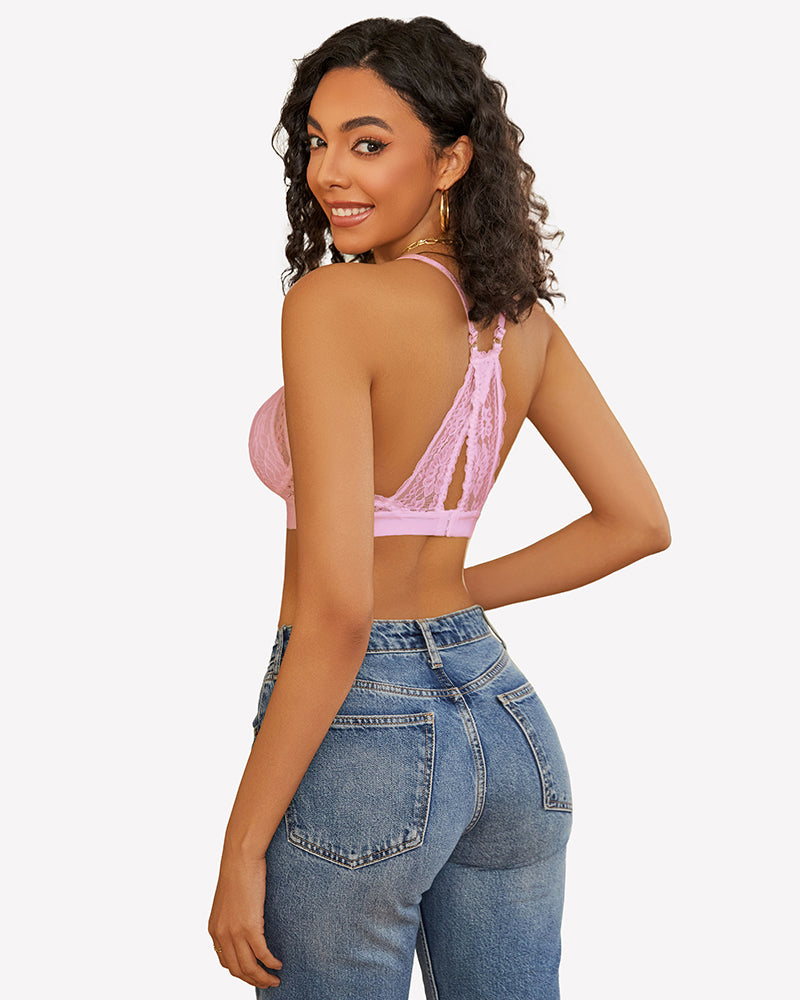 Pink lace racerback wireless bralette with open back and vertical lace panel