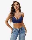 Navy lace racerback wireless bralette with scalloped V-neck and sheer cups