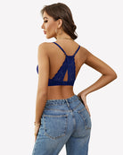 Navy lace racerback wireless bralette with open back and cutout lace detail