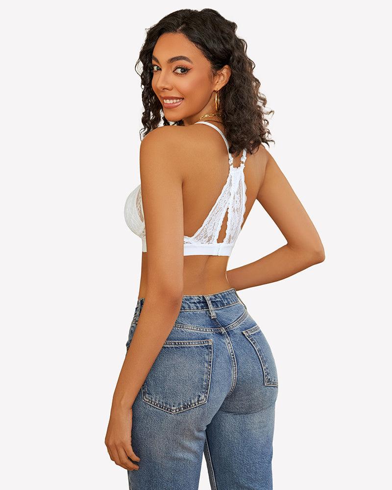 White lace racerback wireless bralette, open-back design with scalloped edges