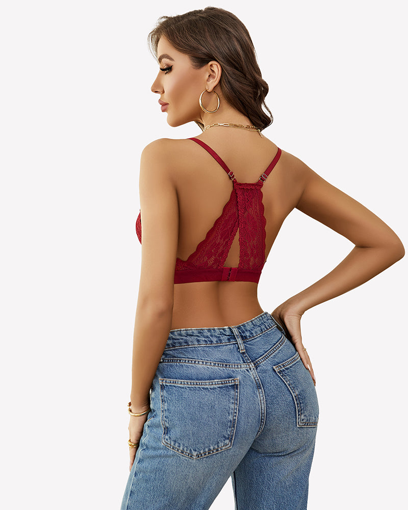Wine red lace racerback wireless bralette, racerback back panel with scalloped lace