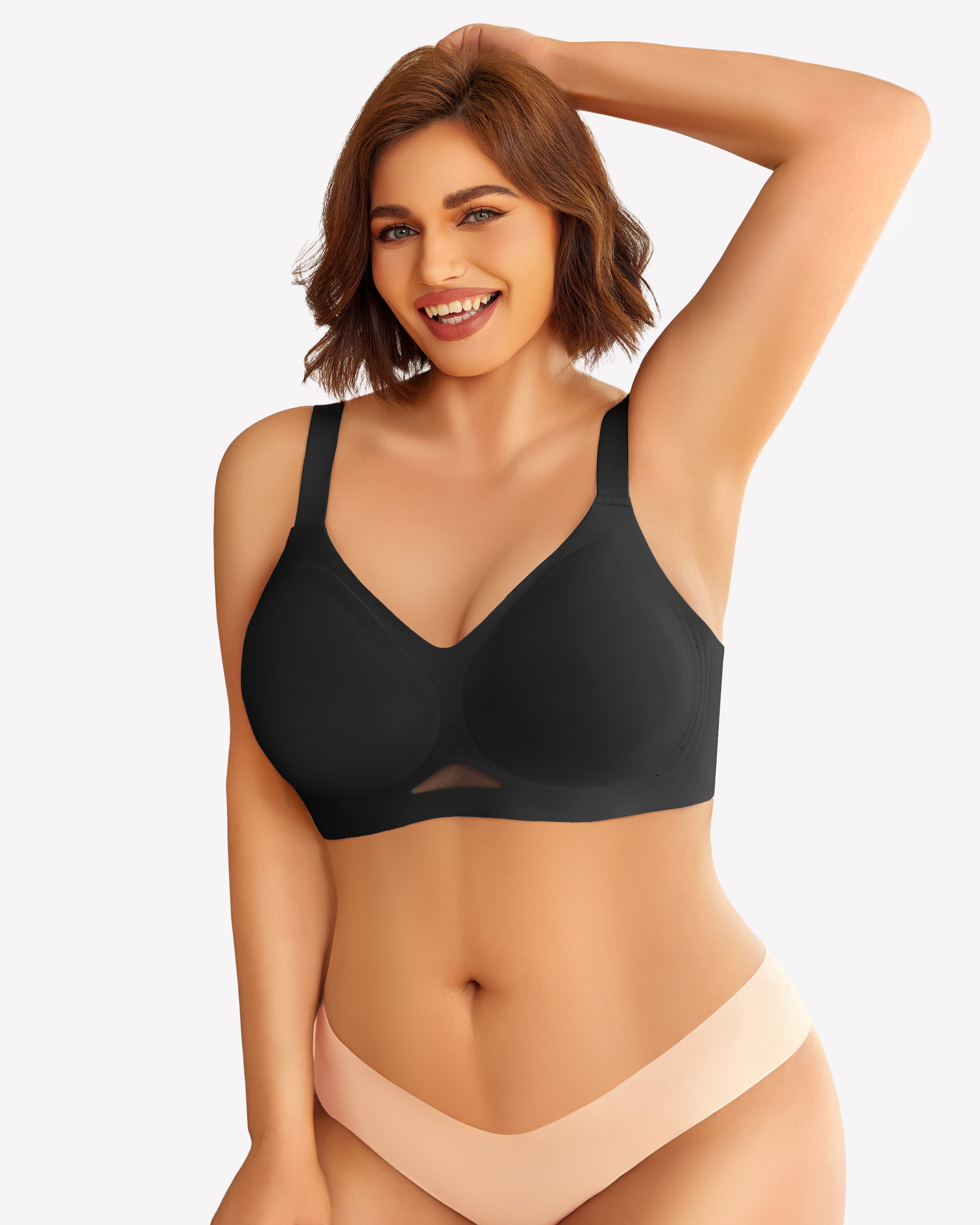 Seamless push-up wireless bra, black, V-neck front with smooth underwire-free cups