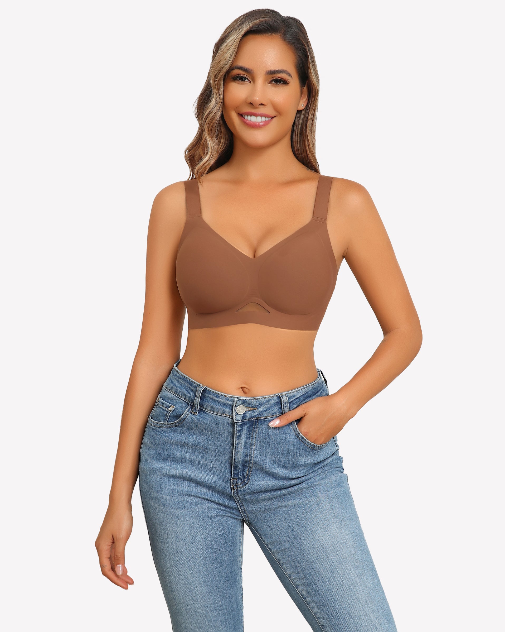 Seamless push-up wireless bra, nude-brown, front view with V-neck cups and smooth fabric