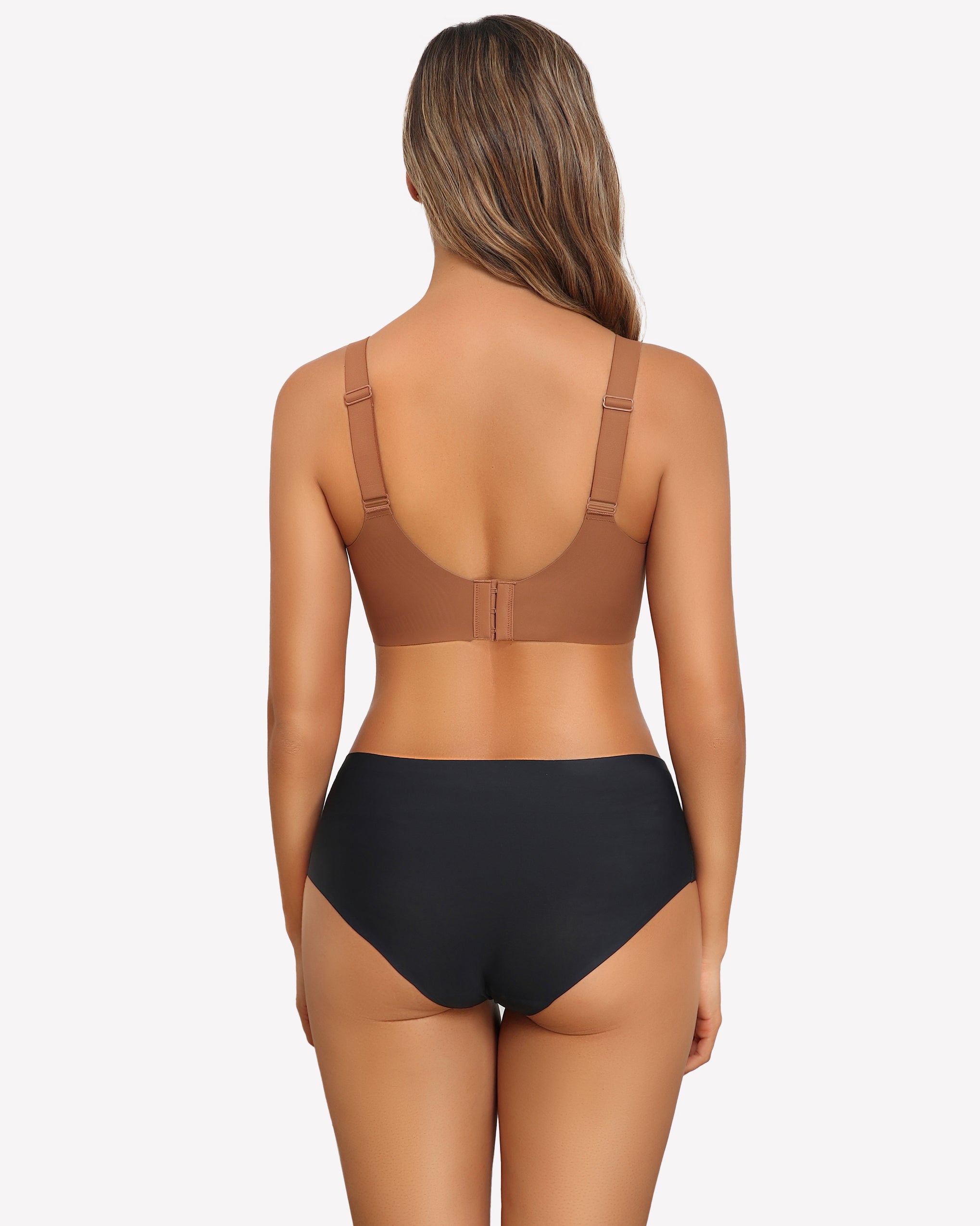Seamless push-up wireless bra, nude-brown, back view with adjustable straps and hook-free look