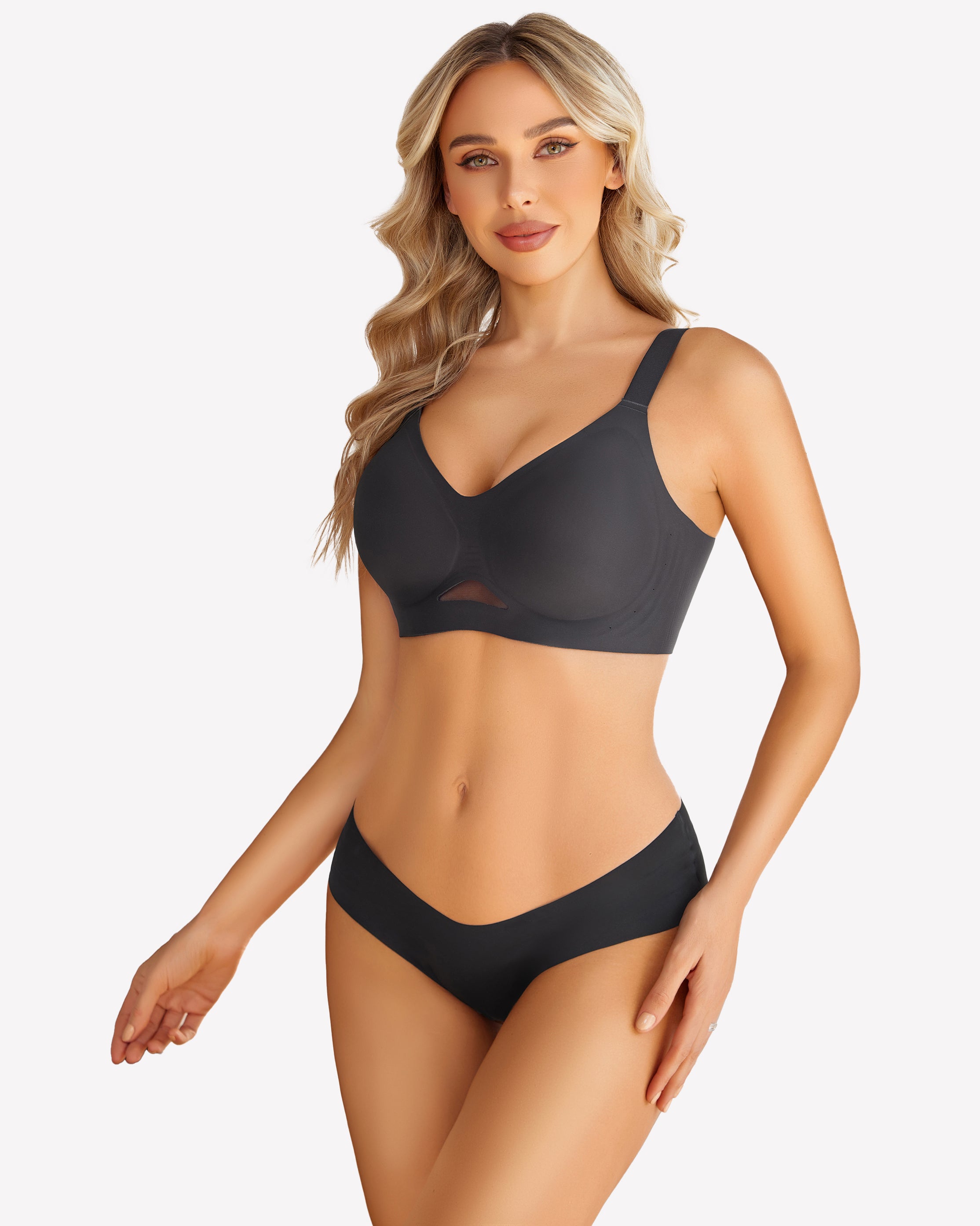 Seamless push-up wireless bra, black, front view with smooth cups and thin shoulder straps
