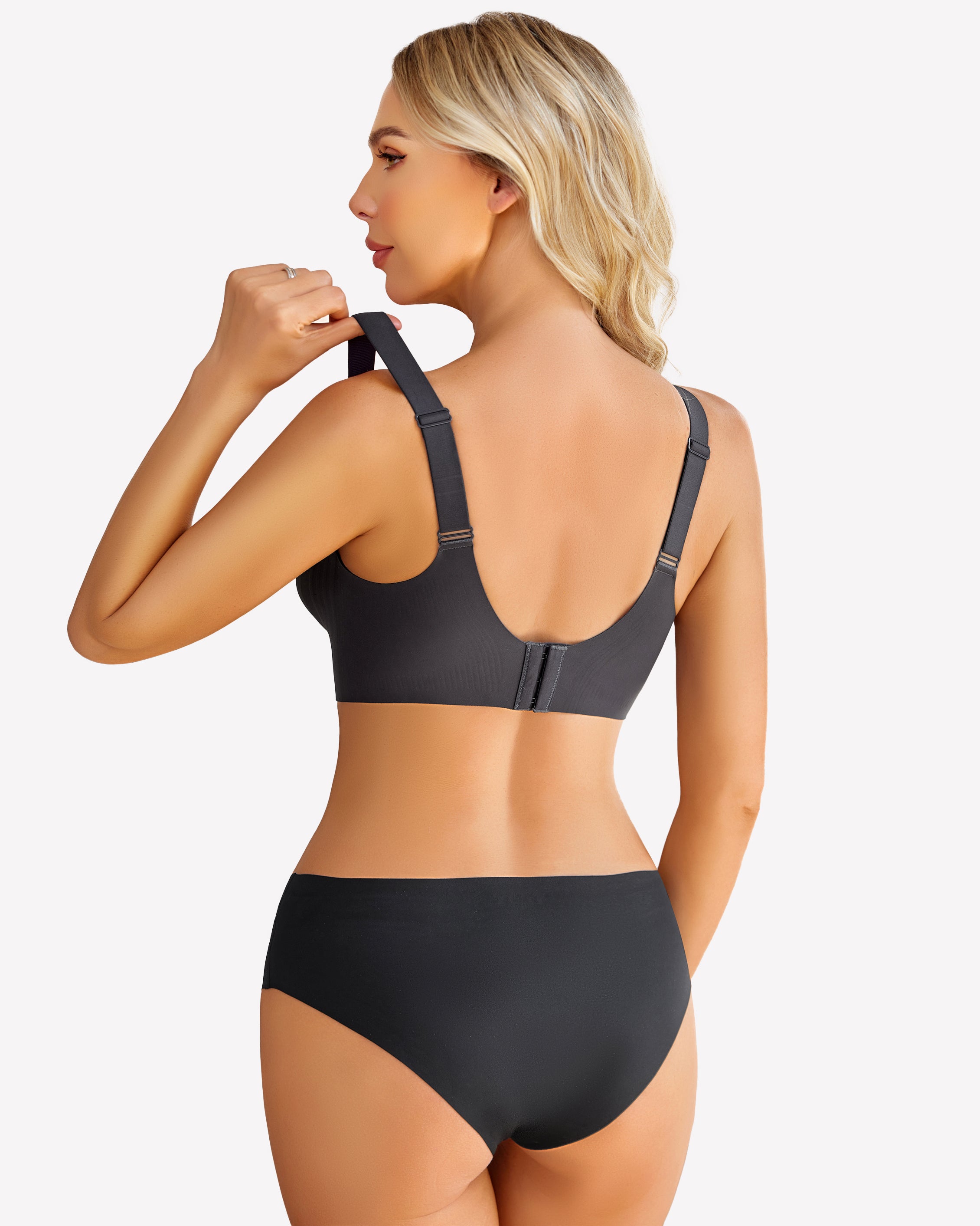 Seamless push-up wireless bra, black, back view with adjustable straps and center panel
