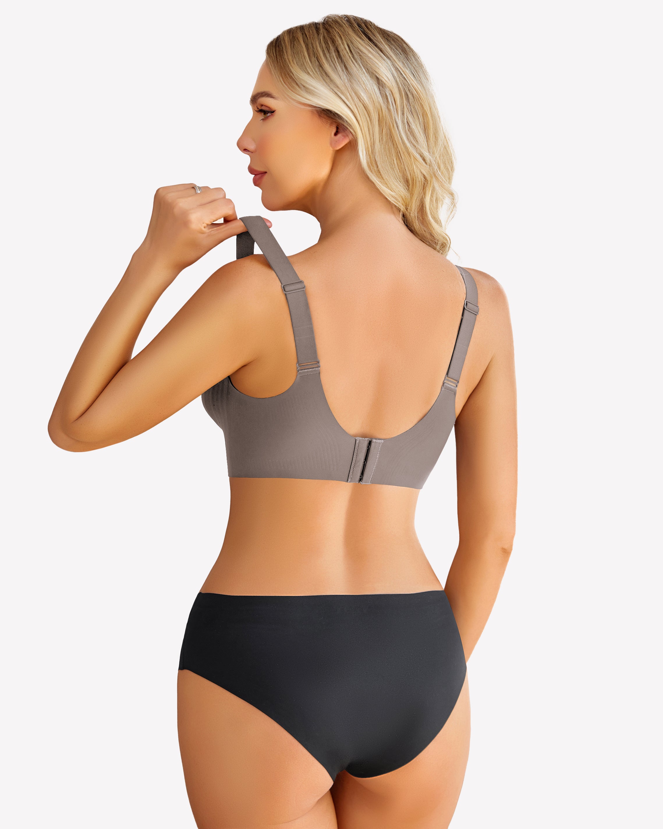Charcoal seamless wireless push-up bra with wide straps and molded cups