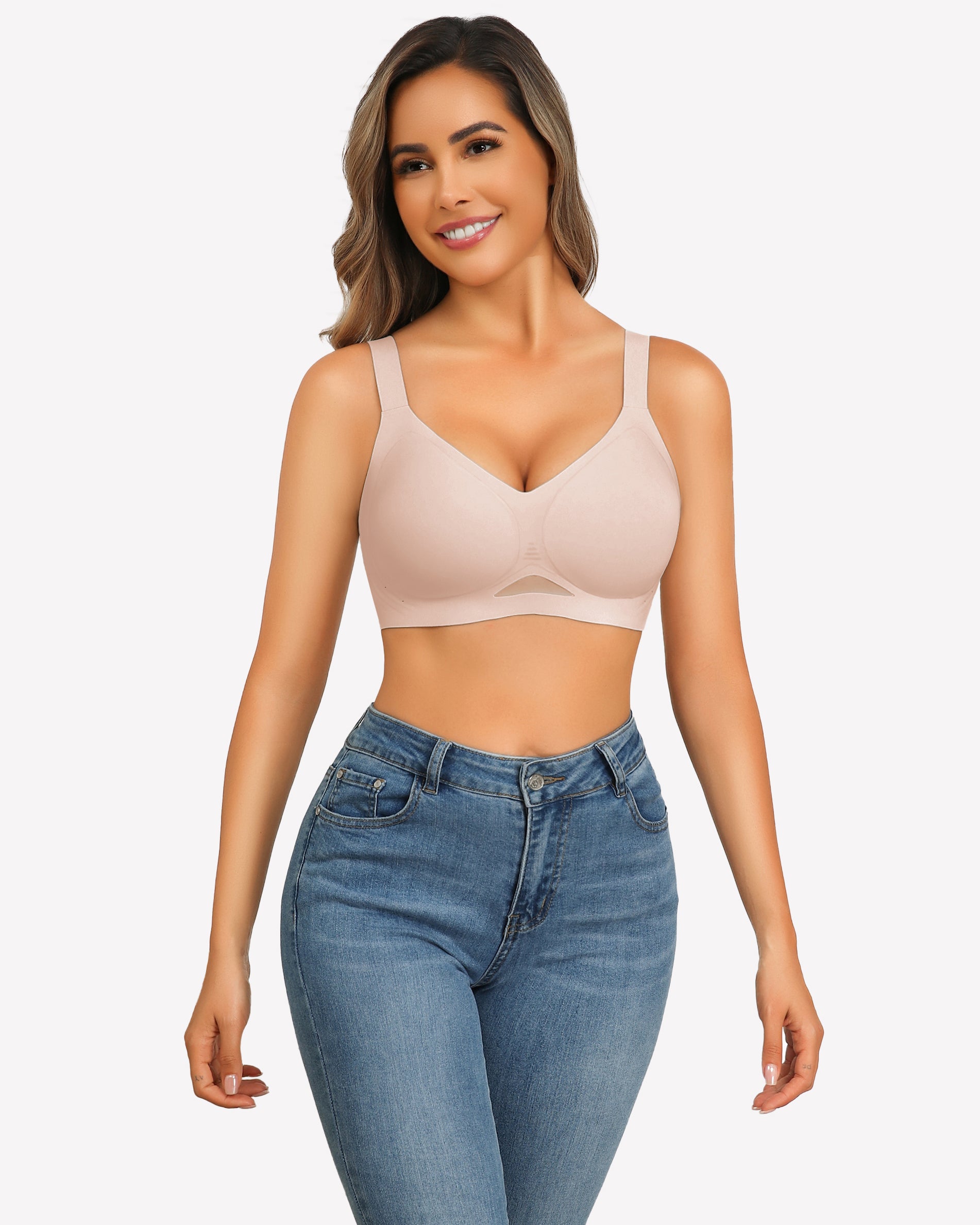 Nude seamless wireless push-up bra with V-neck and molded cups