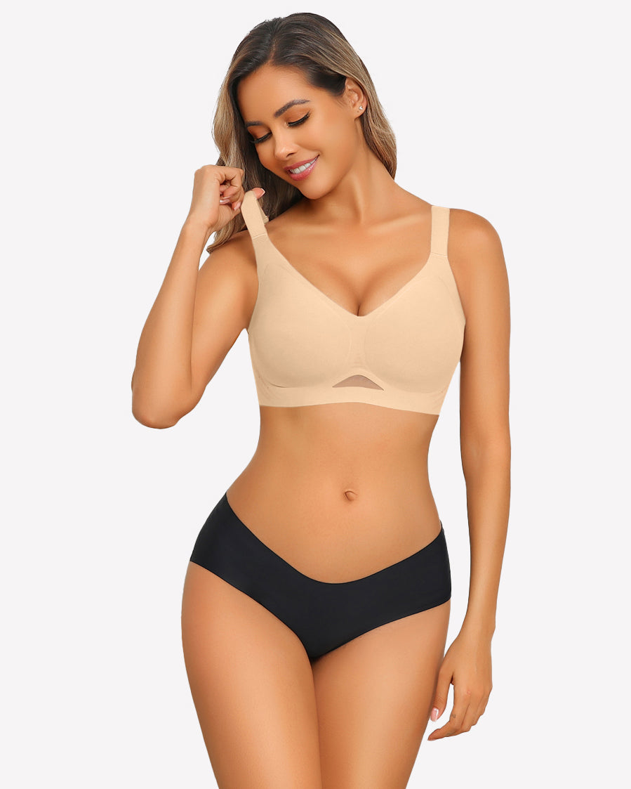 Nude seamless wireless push-up bra with V-neck and molded cups