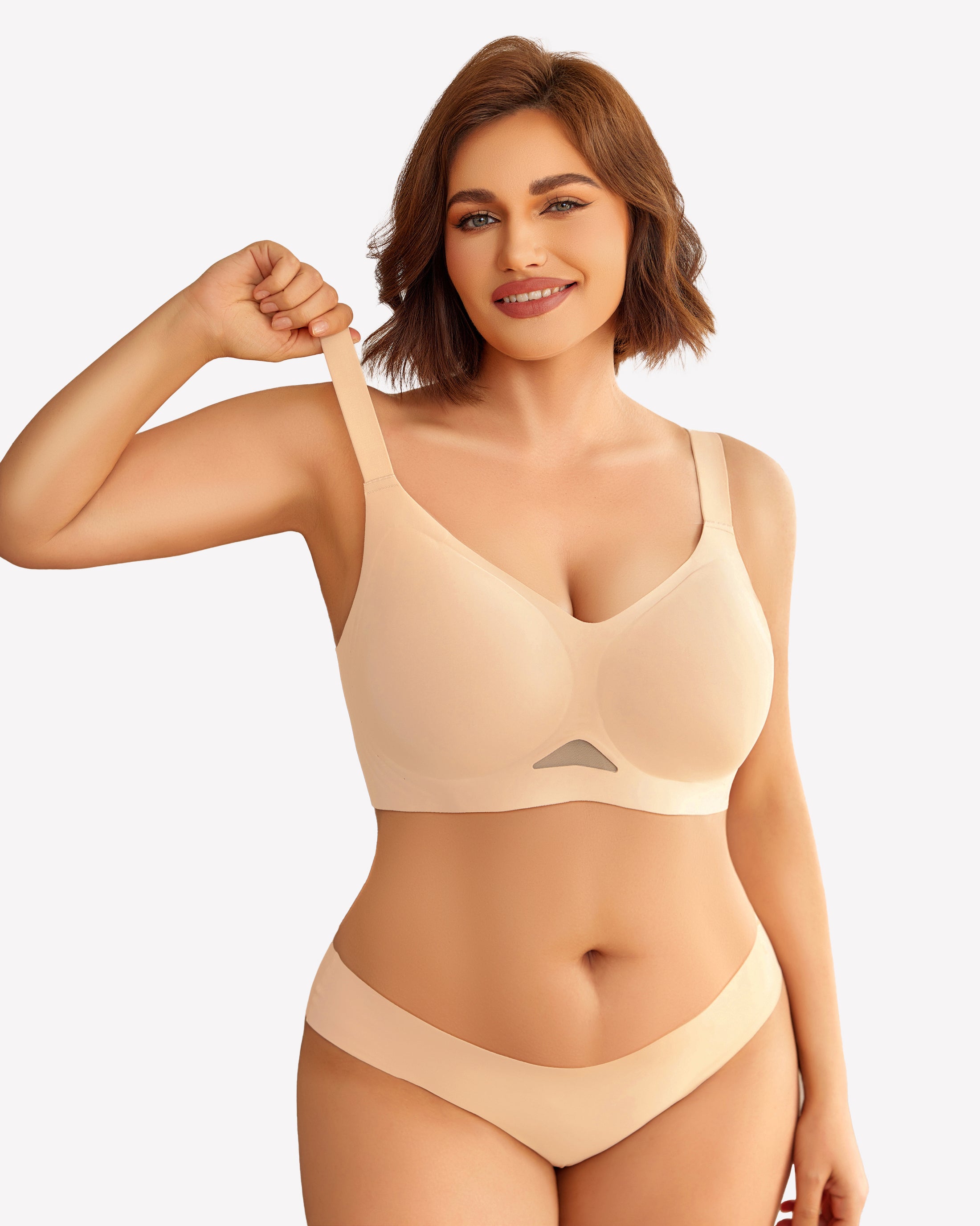 Beige seamless wireless push-up bra with V-neck molded cups