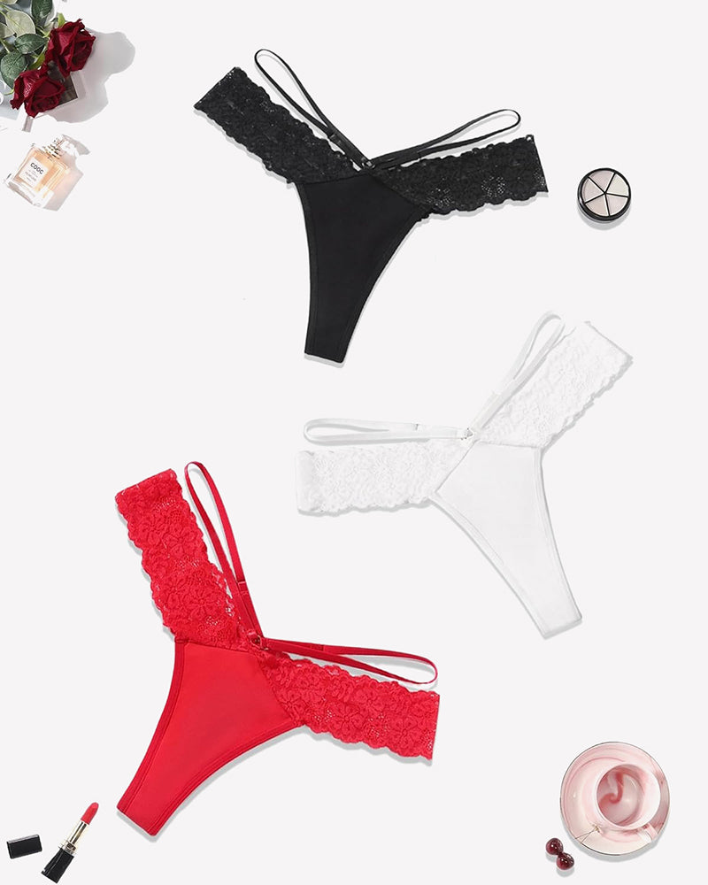 Lace thong panties set: black, white, red, and navy with V-waist strappy lace trim