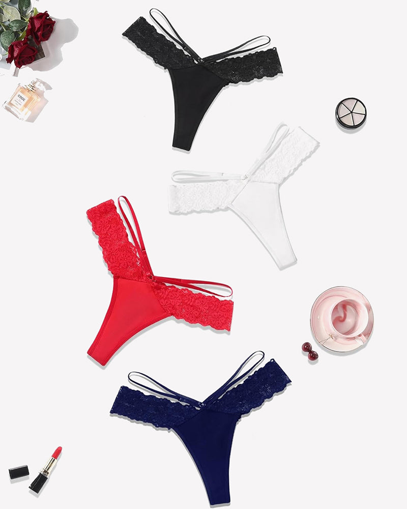 Lace thong panties set: black, white, red, and navy V-waist straps with scalloped trim