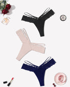 Lace thong panties set: black, blush, white, and navy with V-waist strappy lace trim