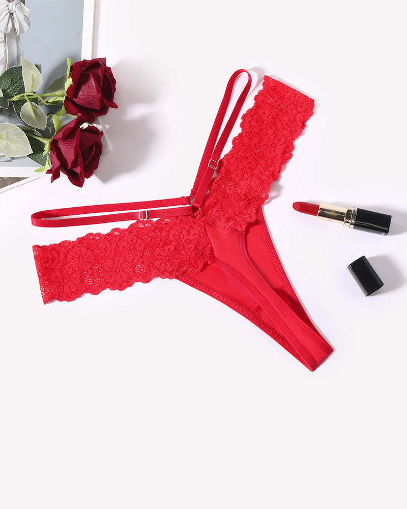 Red lace V-waist thong panties with floral lace front and adjustable strap
