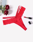 Red lace V-waist thong panties with floral lace front and adjustable strap