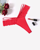 Red lace V-waist thong panties with scalloped floral lace edges