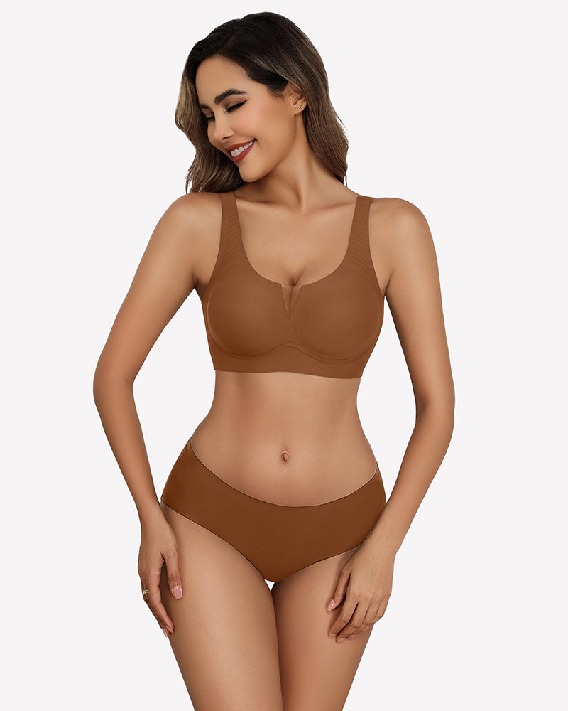 Seamless deep V comfort bra, coffee brown color, smooth molded cups and V neckline