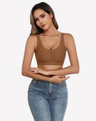 Seamless deep V comfort bra, coffee brown, front view with minimal seam design