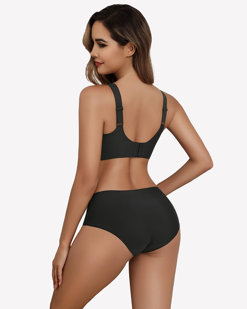 Seamless deep V comfort bra, black color, racerback straps and smooth molded cups