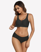 Seamless deep V comfort bra, black color, front view with V-shaped center seam detail