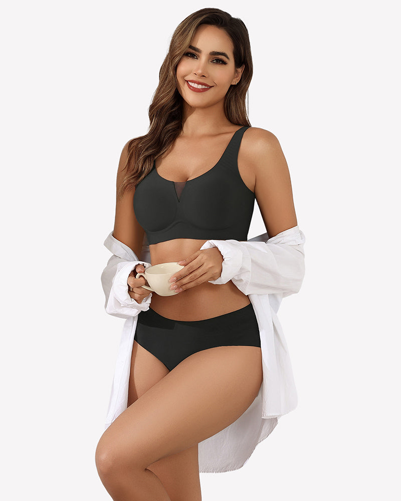 Seamless deep V comfort bra, black color, smooth cups with deep V neckline