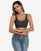 Seamless deep V comfort bra, dark black color, front view with wide straps and molded fit
