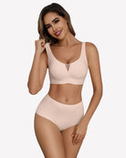 Nude seamless deep V comfort bra with wide straps and smooth molded cups