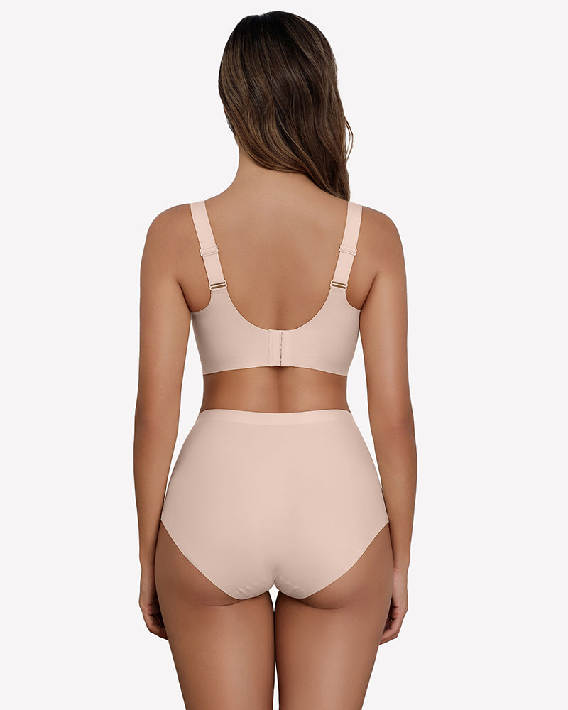Nude seamless deep V comfort bra with racer-back straps and smooth molded cups