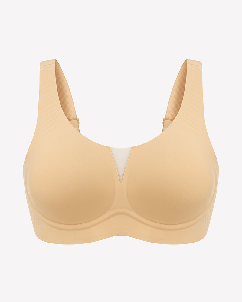 Seamless deep V comfort bra, nude/beige, front view with molded cups and V-shaped center
