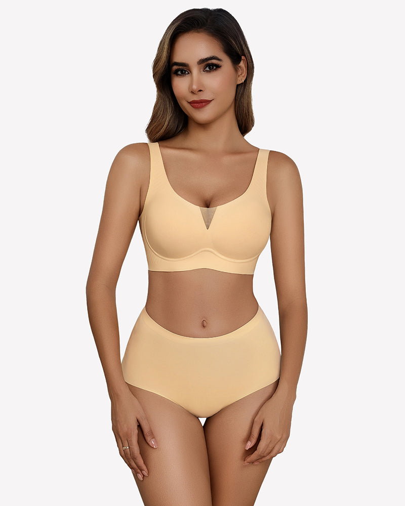 Beige seamless deep V comfort bra with deep V neckline, wide straps, smooth cups