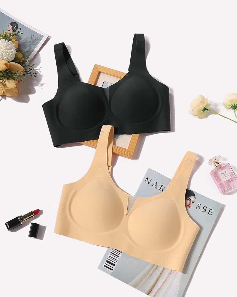 Seamless deep V comfort bras in black and nude, smooth molded cups, wide straps