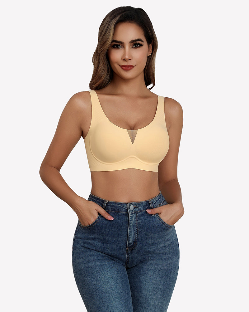Seamless deep V comfort bra, nude/beige color, smooth molded cups and wide straps