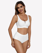 White seamless deep V comfort bra with wide straps and smooth molded cups