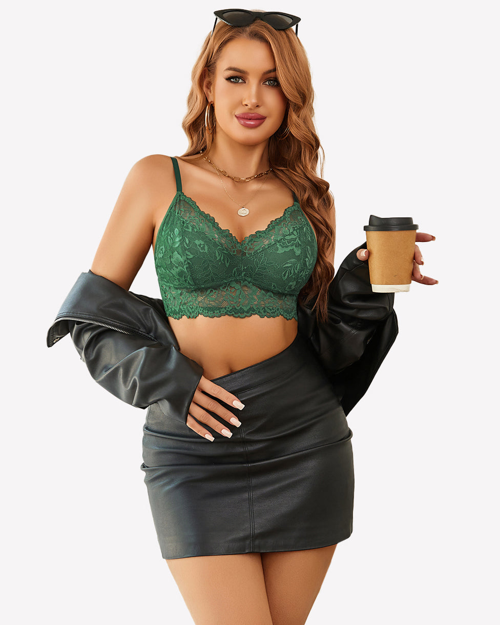 Green lace wireless bralette camisole, open back with thin adjustable straps
