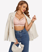 Pink lace wireless bralette camisole with V-neck scalloped lace and spaghetti straps
