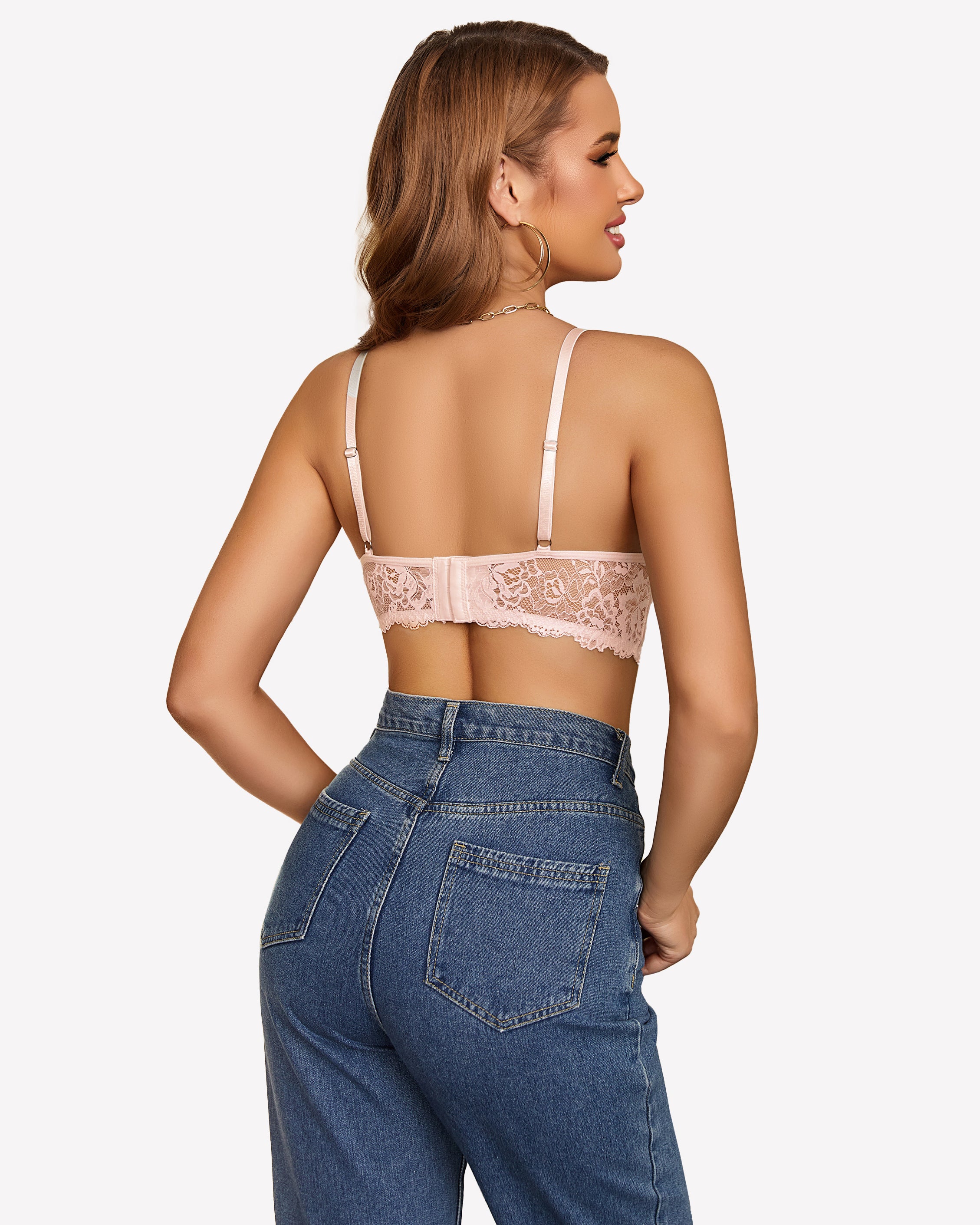 Pink lace wireless bralette camisole, open back with adjustable thin straps