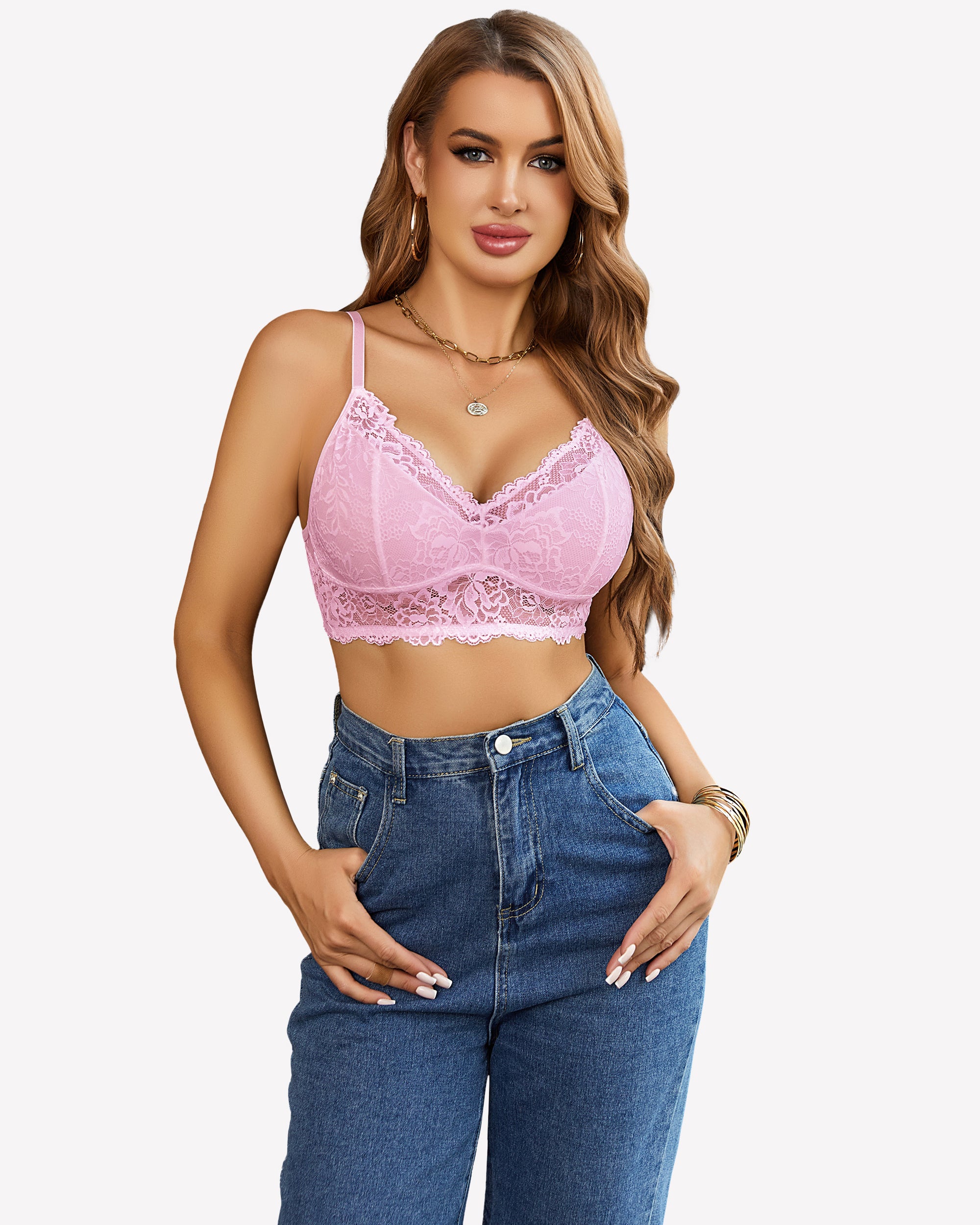 Pink lace wireless bralette camisole, back view with thin adjustable straps