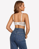 White lace wireless bra camisole tank top with racerback straps and back coverage