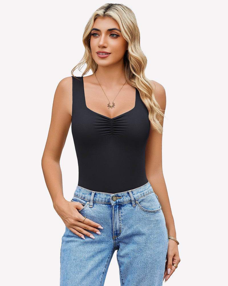 Black ruched sweetheart-neck bodysuit, sleeveless square neckline