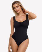 Black ruched sweetheart-neck bodysuit, front view with square neckline
