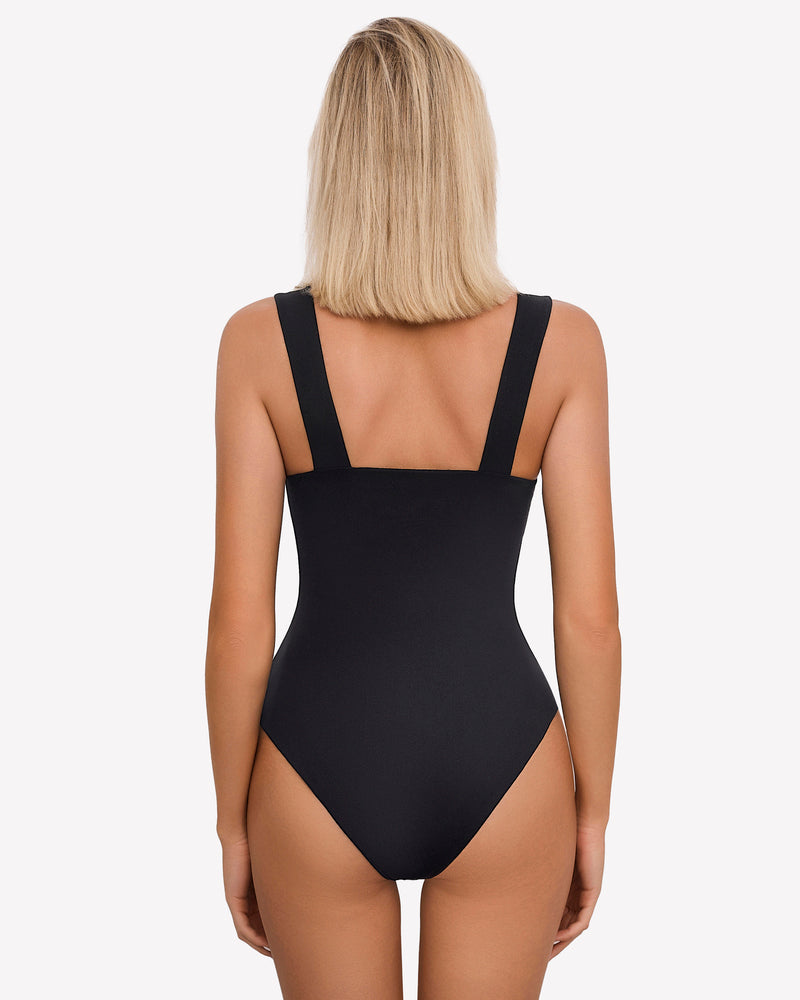 Black ruched sweetheart-neck bodysuit, back view with wide straps